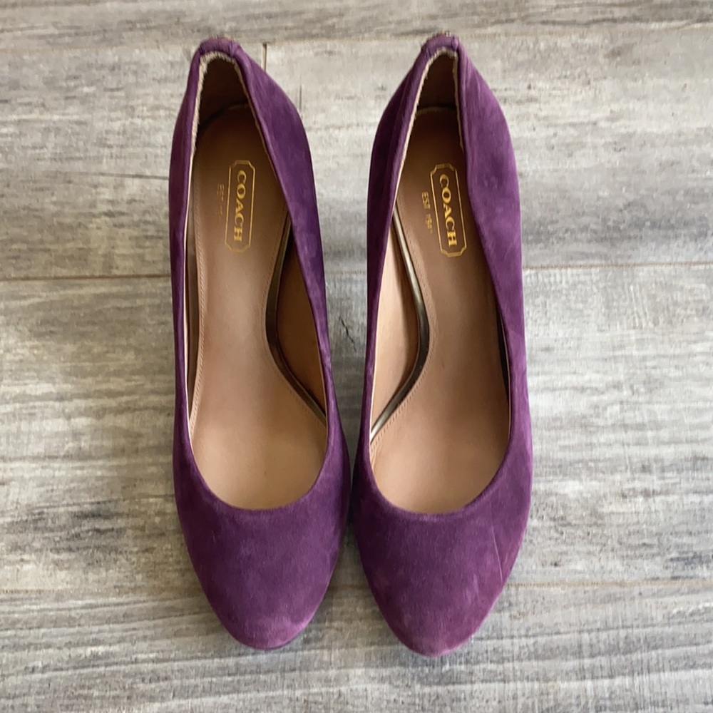 Coach round toe purple suede 3” heels in size 7.5
